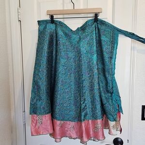 Boho Teal Paisley A-Line Maxi Skirt with Pink Hem